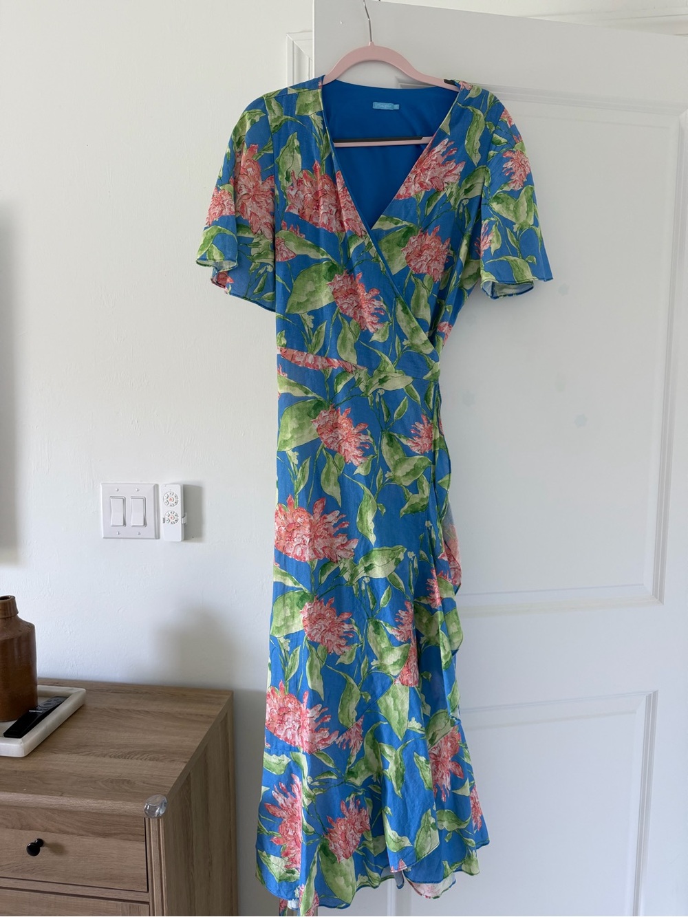 J McLaughlin Blue Cross Floral Wrap Maxi Dress with Pink Bloom Accents